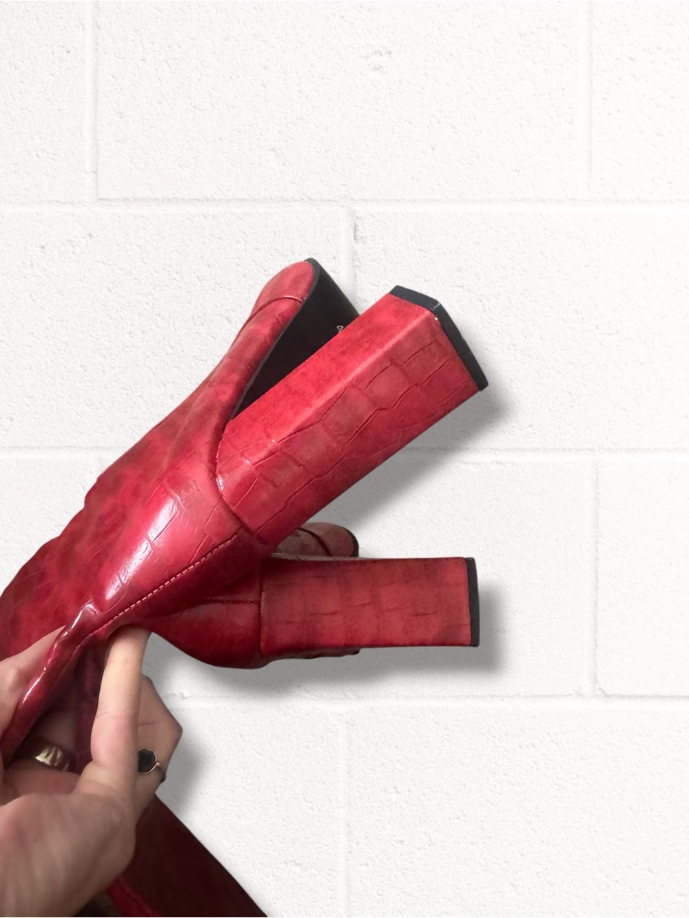 Boutique Red Knee-High Faux Leather Embossed Boots, Size 42 (11) - Picture 4 of 12
